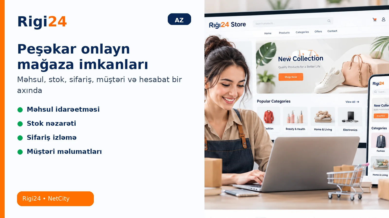 Peşəkar onlayn mağazada məhsul, stok, sifariş və müştəri idarəetməsi